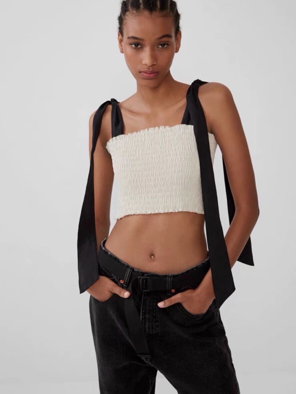 Zara Cream Smocked Cropped Camisole with Black Tie Straps